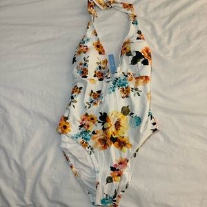 Cupshe Women's Tie Waist Floral Print One Piece Swimsuit Halter Swimwear